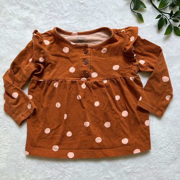 Carter’s Baby Girl Long Sleeve Top Size 12M | Brown Polka Dot Shirt Fall VGUC - Picture 1 of 15